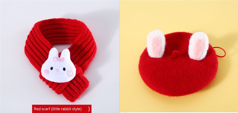 KFX-4683069 Warm Wool Rabbit Ear Hat and Scarf Set for Small to Medium Pets