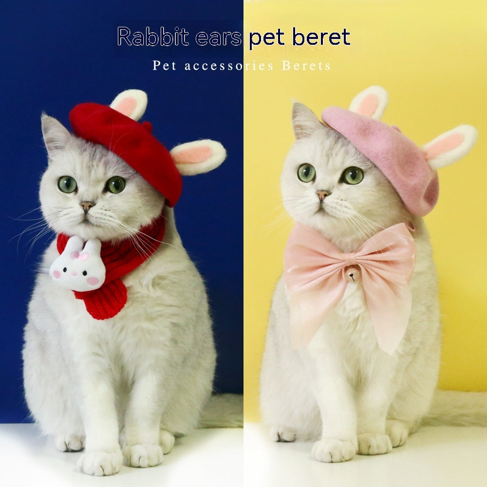 KFX-4683069 Warm Wool Rabbit Ear Hat and Scarf Set for Small to Medium Pets