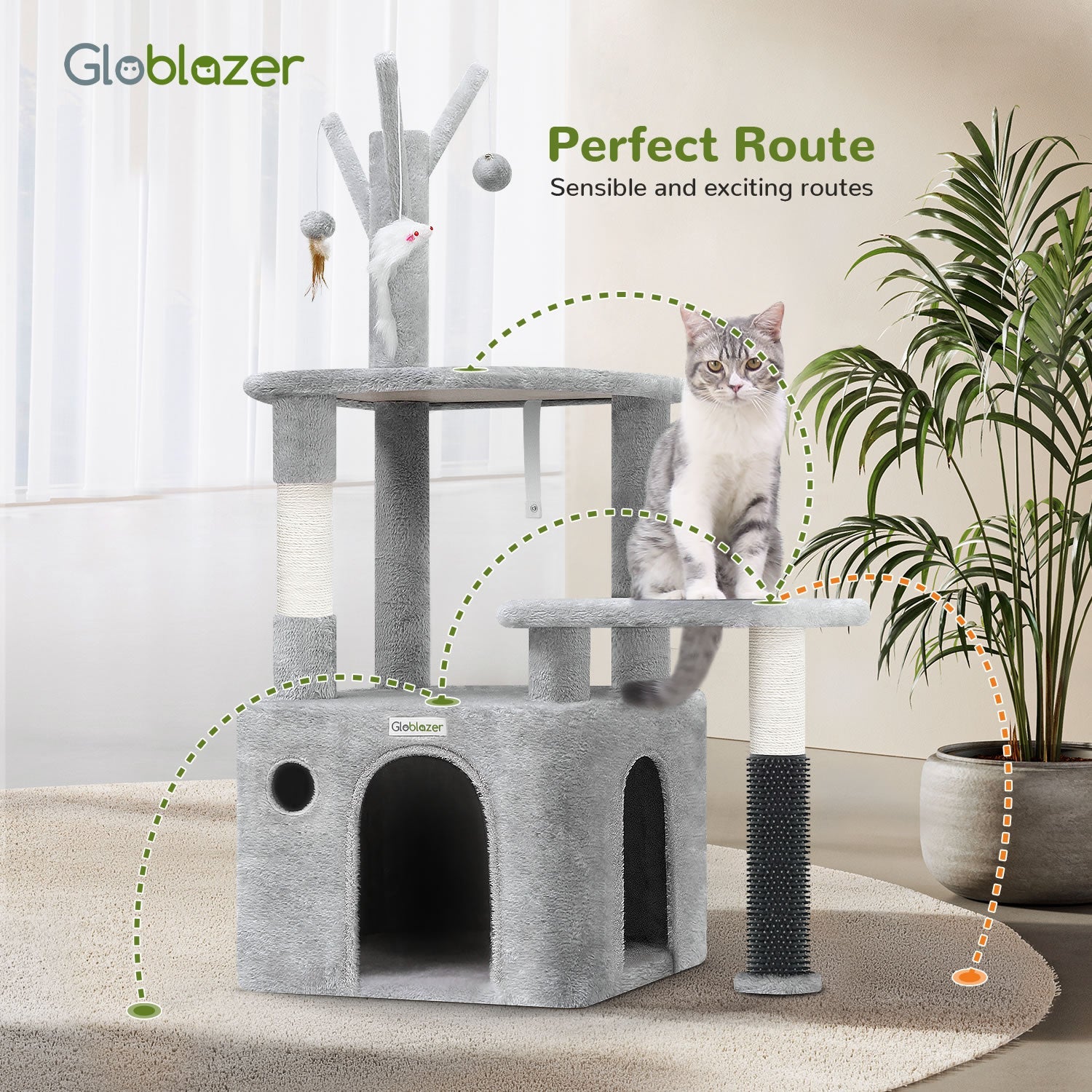 KFX-4684349 Light Gray 44-Inch Cat Climbing Frame with Multiple Levels and Scratching Posts
