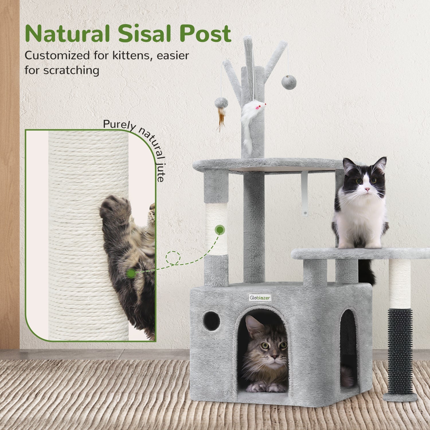 KFX-4684349 Light Gray 44-Inch Cat Climbing Frame with Multiple Levels and Scratching Posts