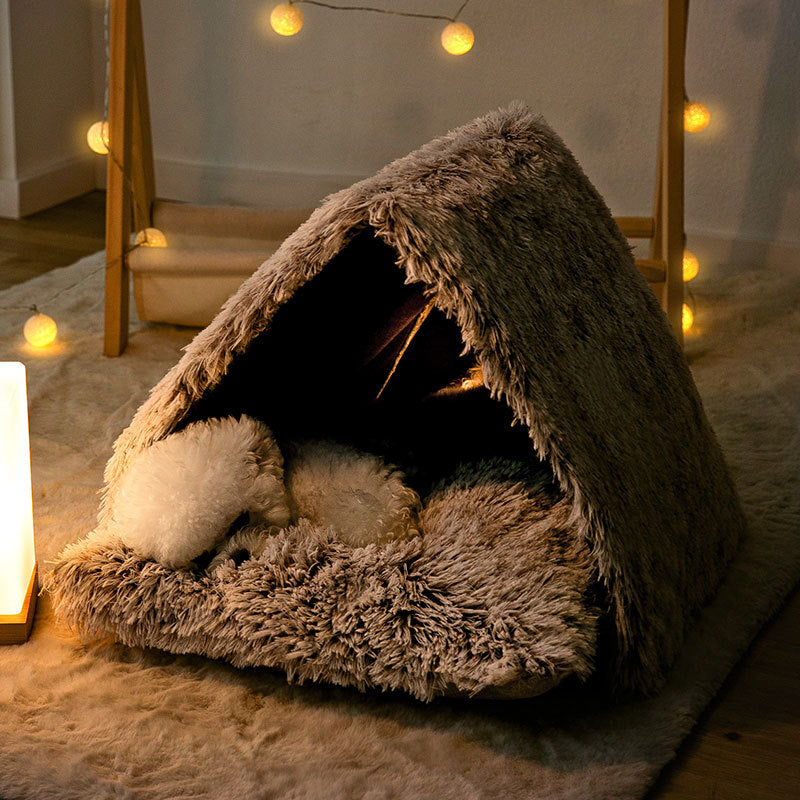 KFX-4690877 Cozy Plush Winter Kennel for Small Dogs in Coffee Color