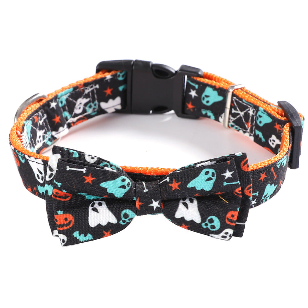KFX-4698557 Geometric Cat Collar with Holiday Ornaments in Black Ghost, Yellow Pumpkin, and Black Skull Patterns