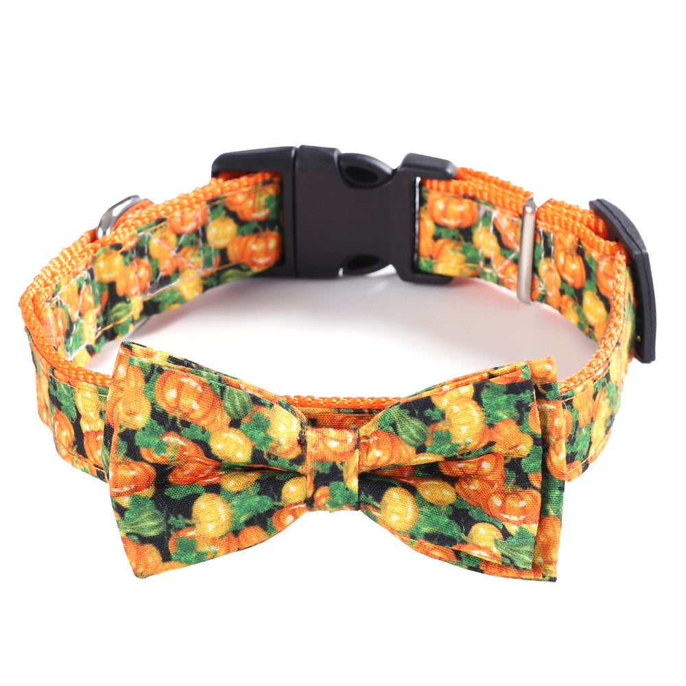 KFX-4698557 Geometric Cat Collar with Holiday Ornaments in Black Ghost, Yellow Pumpkin, and Black Skull Patterns