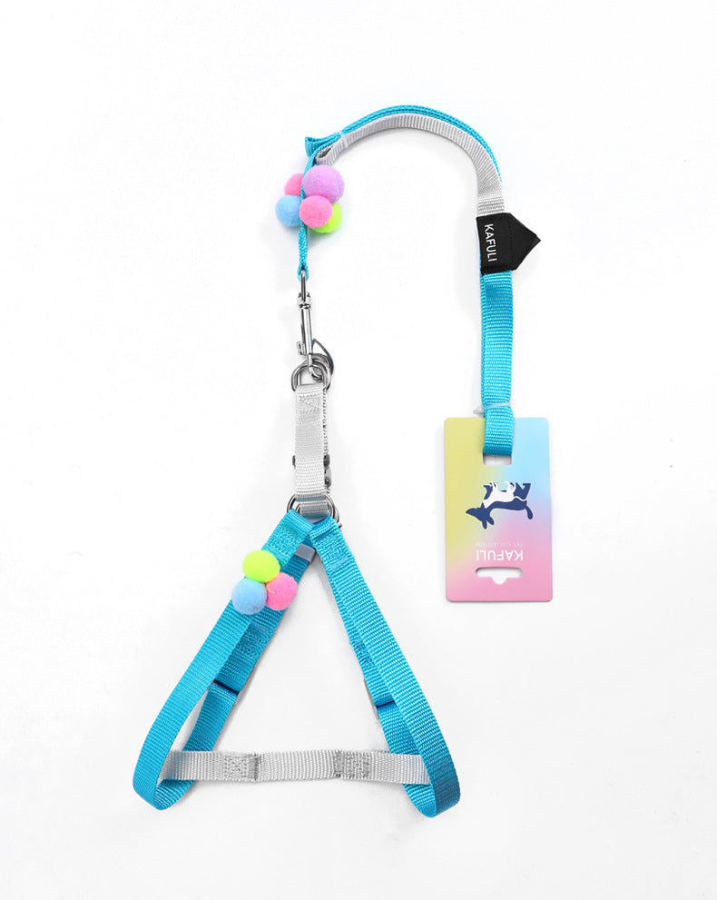 KFX-4703805 Colorful Fluffy Ball Cat and Dog Chest Harness with Traction Rope for Small to Medium Pets