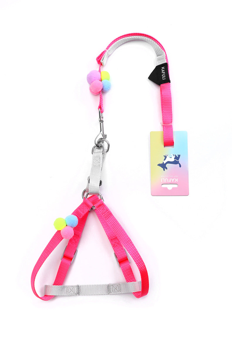 KFX-4703805 Colorful Fluffy Ball Cat and Dog Chest Harness with Traction Rope for Small to Medium Pets