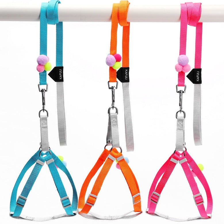 KFX-4703805 Colorful Fluffy Ball Cat and Dog Chest Harness with Traction Rope for Small to Medium Pets
