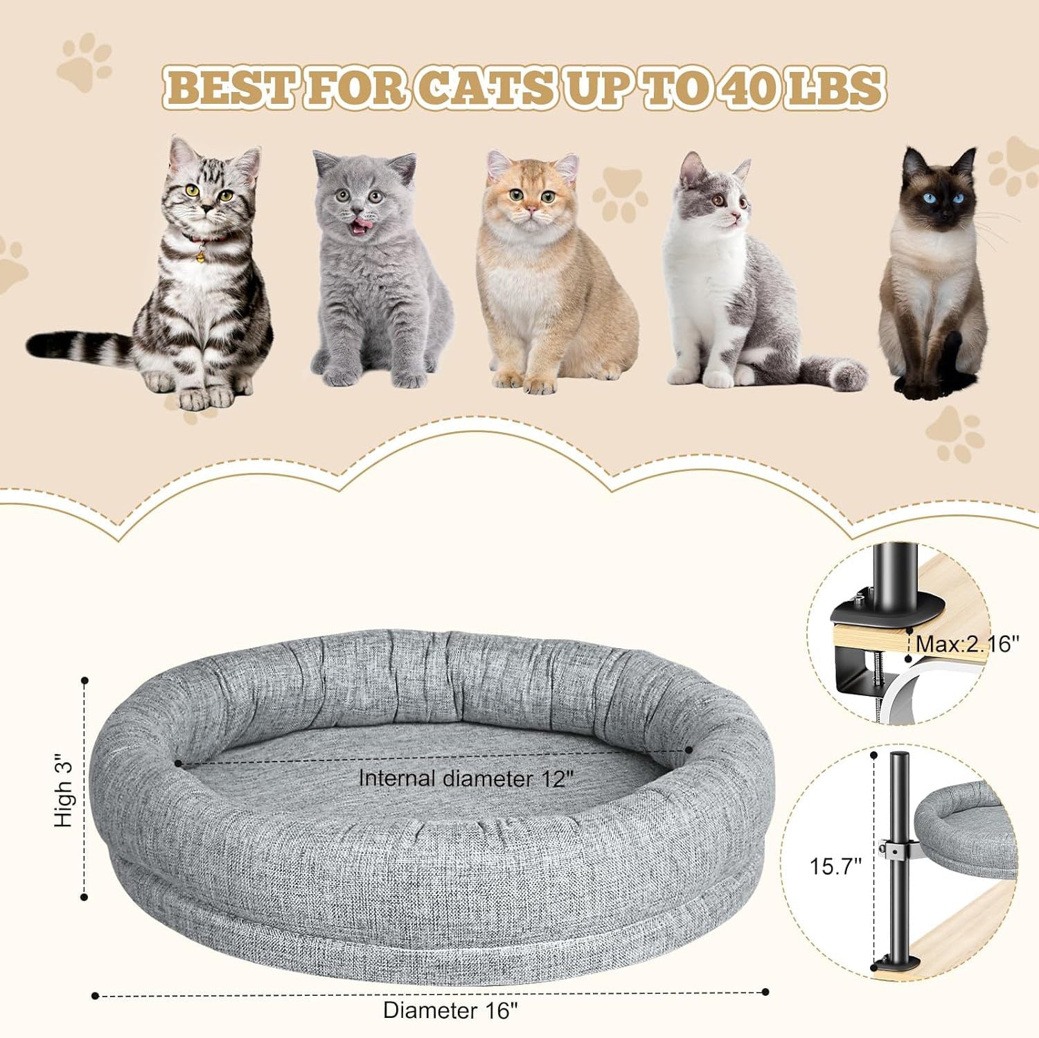 KFX-4708157 Adjustable Height Round Cat Nest in Gray and Brown Fabric