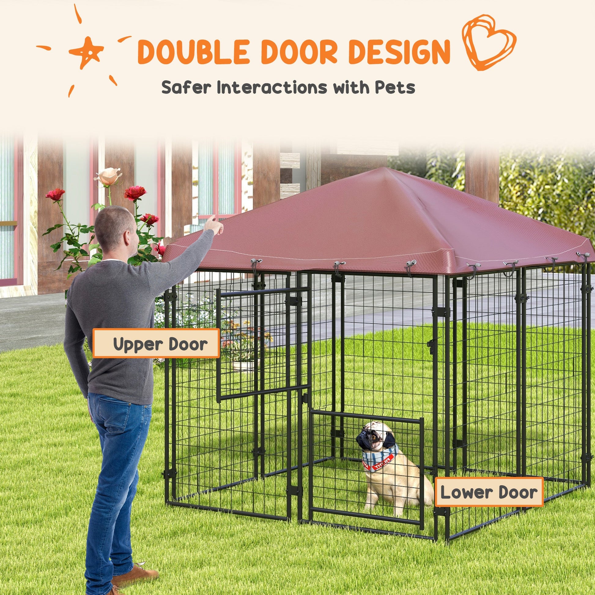 KFX-4711741 Outdoor Dog Kennel with Waterproof Canopy for Small to Medium Dogs - 4.6' x 4.6' x 5' with Dual Doors