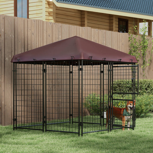 KFX-4711741 Outdoor Dog Kennel with Waterproof Canopy for Small to Medium Dogs - 4.6' x 4.6' x 5' with Dual Doors