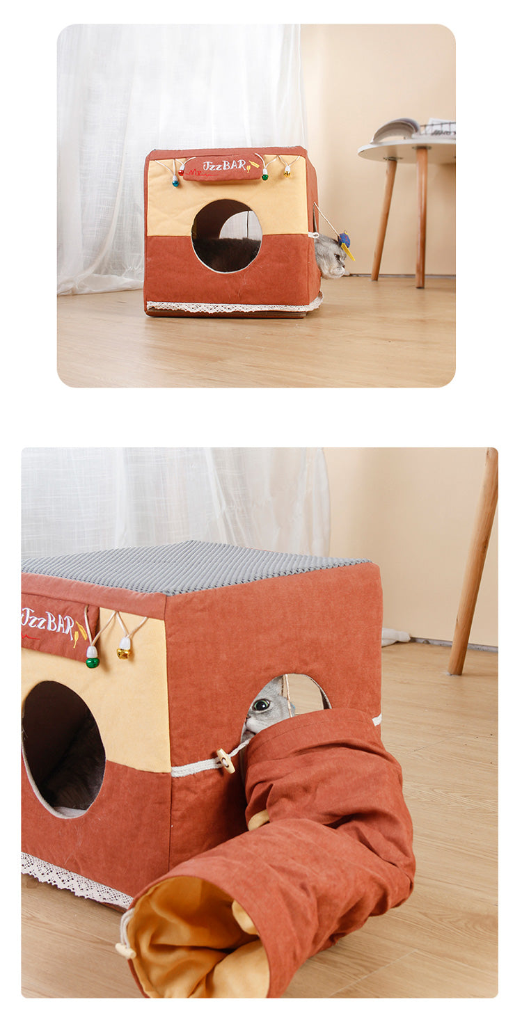 KFX-4713149 Foldable Semi-Enclosed Cat Nest in Matcha or Bar Square Design, Removable and Washable Pet Bed