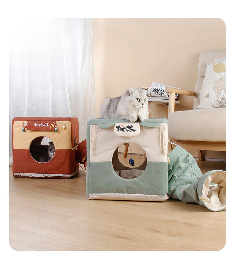 KFX-4713149 Foldable Semi-Enclosed Cat Nest in Matcha or Bar Square Design, Removable and Washable Pet Bed