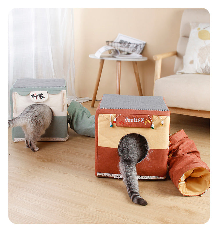 KFX-4713149 Foldable Semi-Enclosed Cat Nest in Matcha or Bar Square Design, Removable and Washable Pet Bed