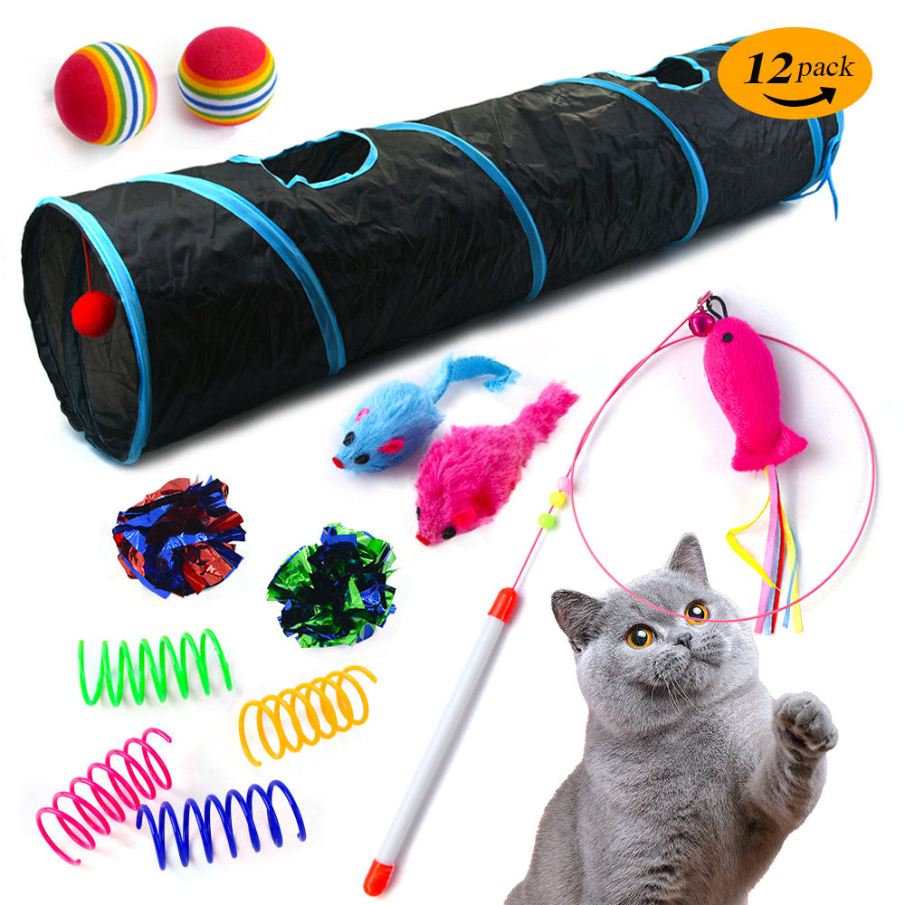 KFX-4715325 12-Piece Cat Toy Set with Fish Teaser, Plush Mouse, and Spring Tunnel