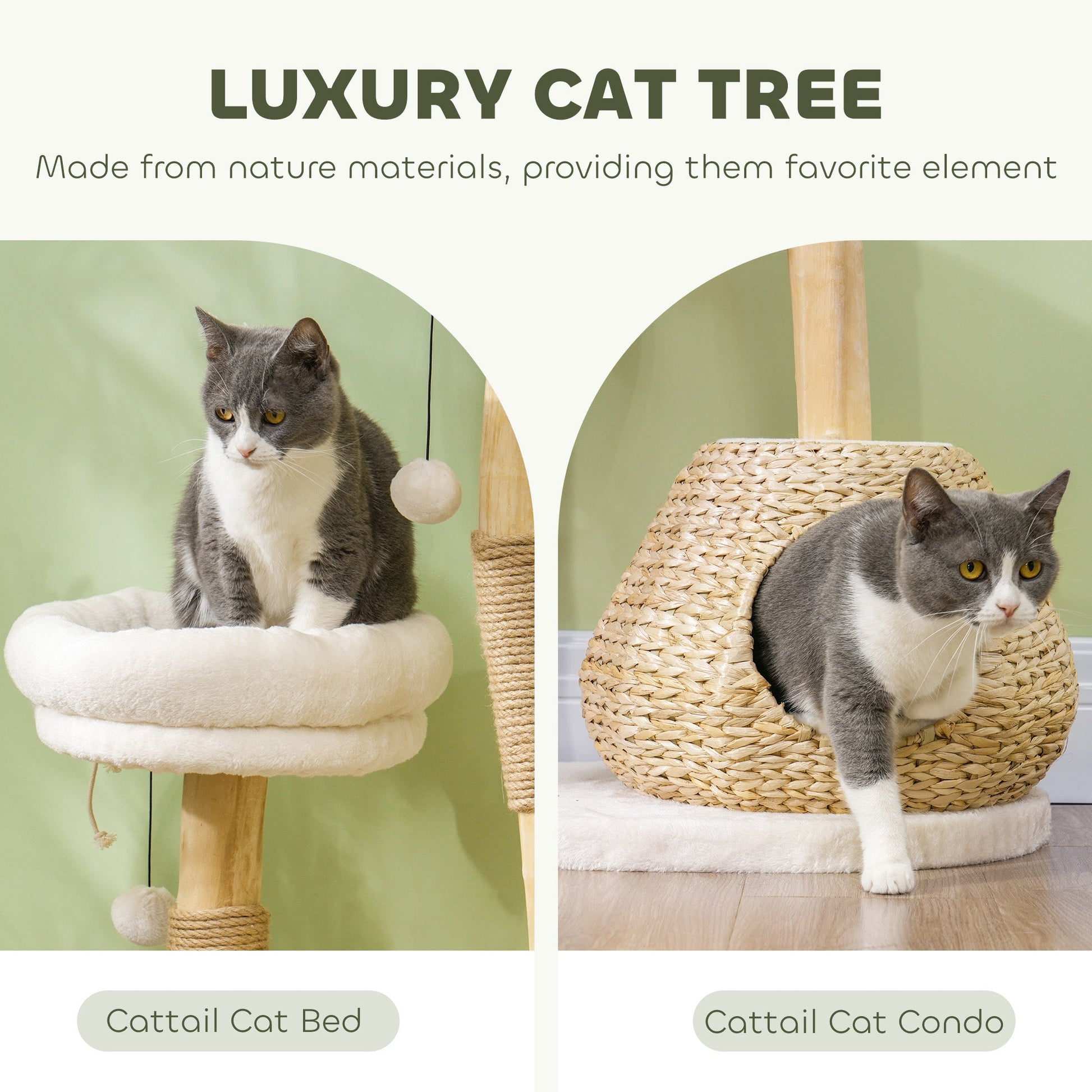 KFX-4717117 41" Indoor Cat Tree with Wooden Scratching Posts, Cozy Beds, and Toy Balls in Cream White