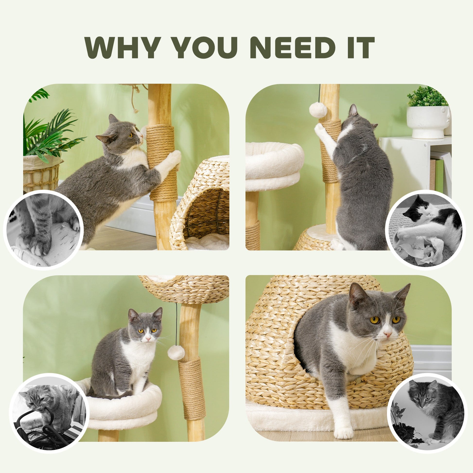 KFX-4717117 41" Indoor Cat Tree with Wooden Scratching Posts, Cozy Beds, and Toy Balls in Cream White