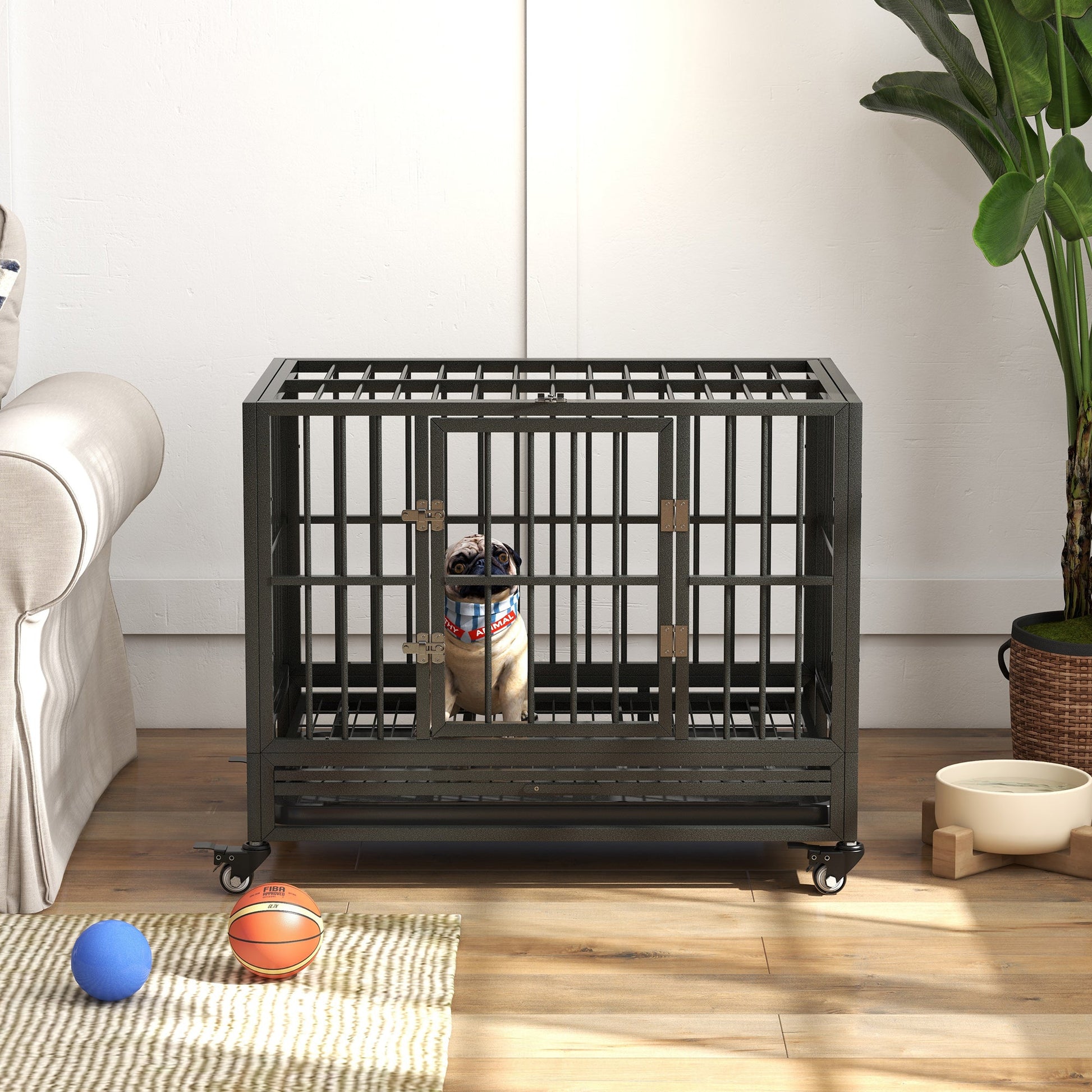 KFX-4717501 Heavy Duty 36" Metal Dog Crate with Double Doors, Removable Tray, and Lockable Wheels in Gray