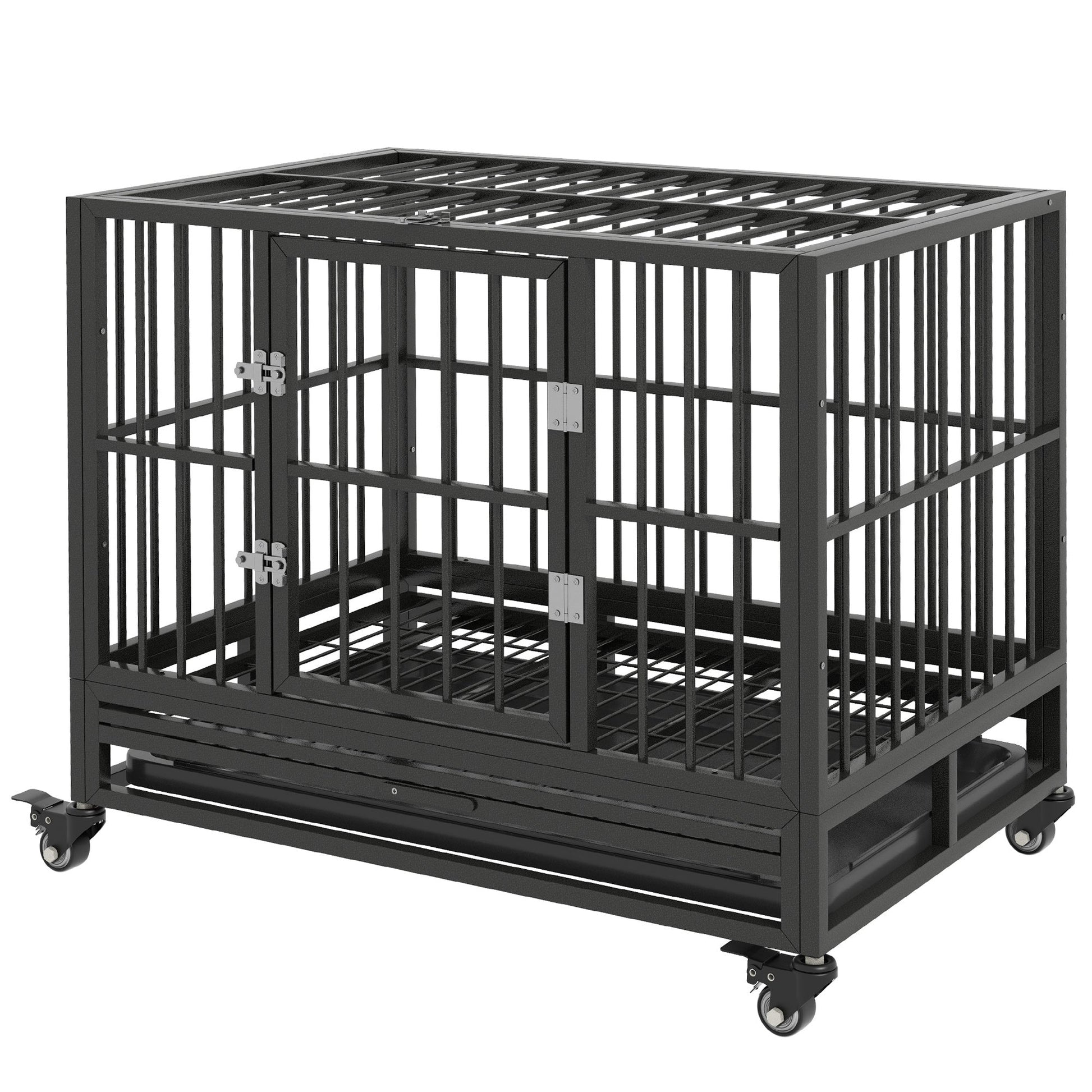 KFX-4717501 Heavy Duty 36" Metal Dog Crate with Double Doors, Removable Tray, and Lockable Wheels in Gray