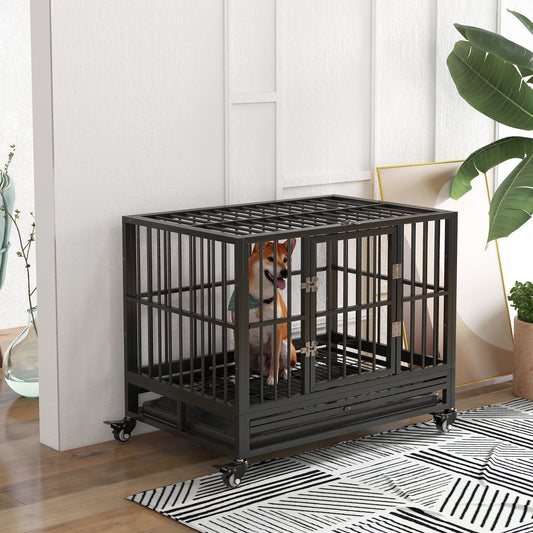 KFX-4717501 Heavy Duty 36" Metal Dog Crate with Double Doors, Removable Tray, and Lockable Wheels in Gray