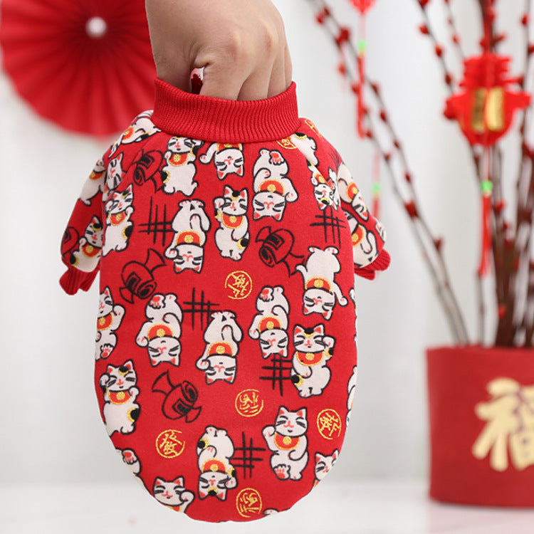 KFX-4718909 New Year's Celebration Pet Fleece Sweater with Lucky Cat Design