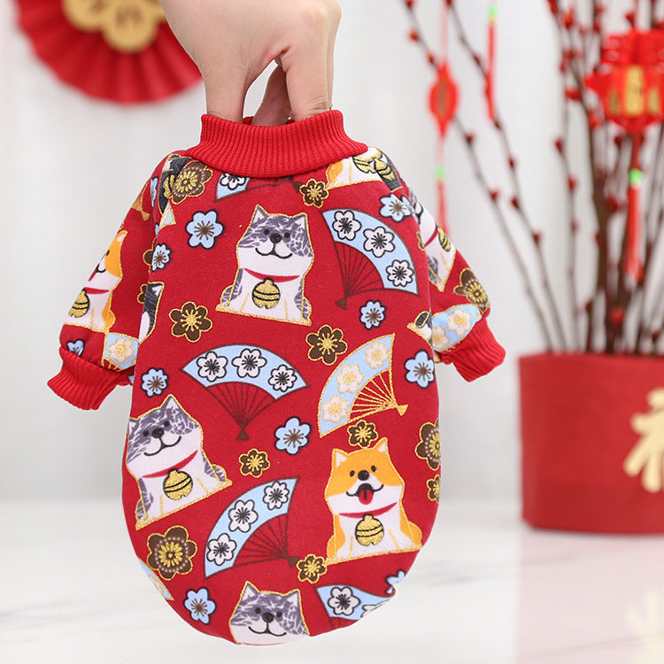 KFX-4718909 New Year's Celebration Pet Fleece Sweater with Lucky Cat Design