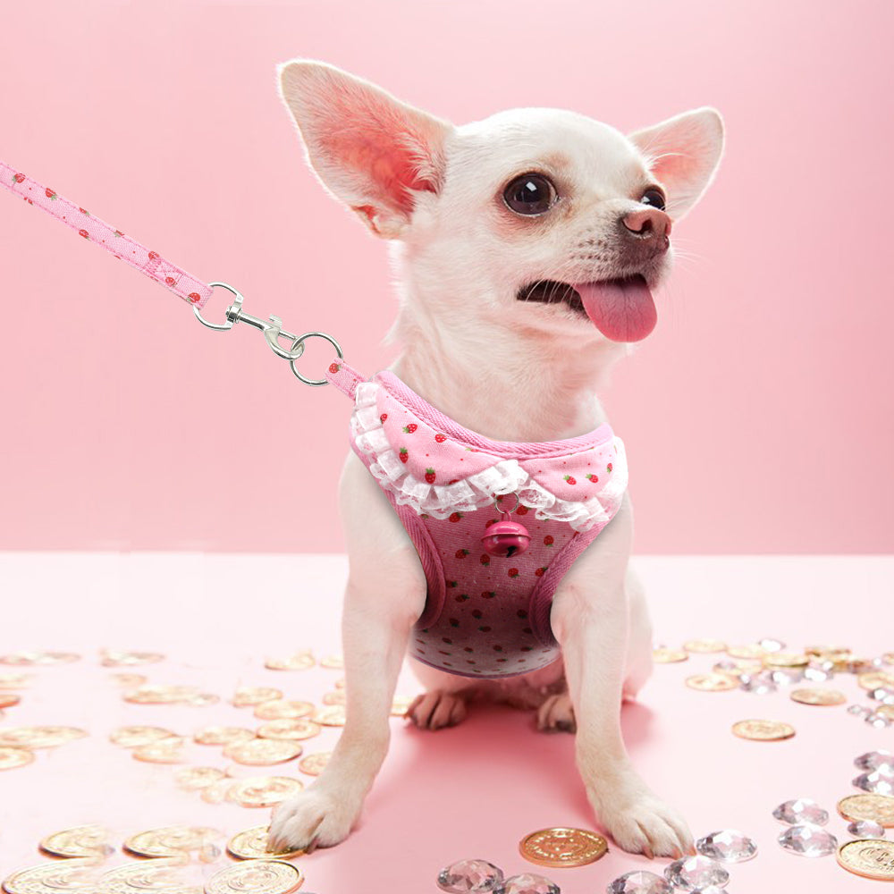 KFX-4728637 Pink Bell Dog Harness and Leash for Small Dogs, Adjustable Canvas and Polyester Mesh, Various Sizes Available