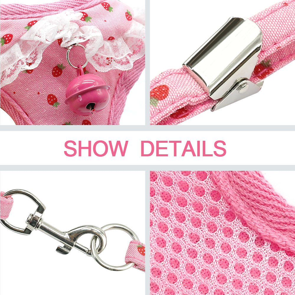 KFX-4728637 Pink Bell Dog Harness and Leash for Small Dogs, Adjustable Canvas and Polyester Mesh, Various Sizes Available