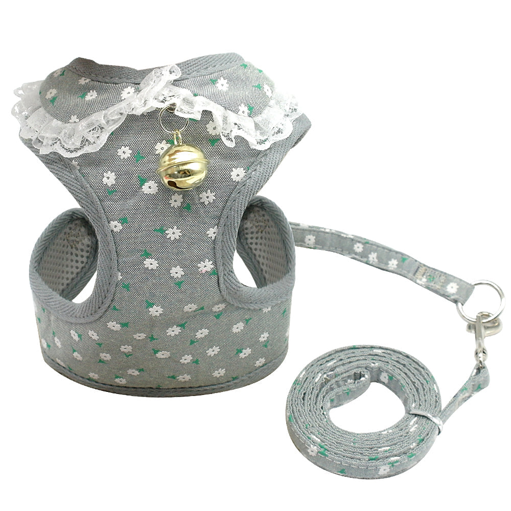 KFX-4728637 Pink Bell Dog Harness and Leash for Small Dogs, Adjustable Canvas and Polyester Mesh, Various Sizes Available