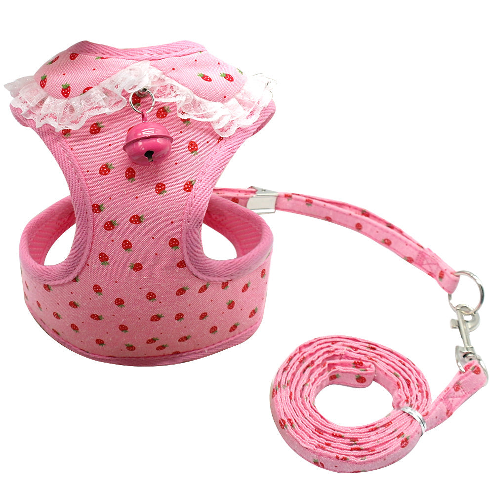 KFX-4728637 Pink Bell Dog Harness and Leash for Small Dogs, Adjustable Canvas and Polyester Mesh, Various Sizes Available