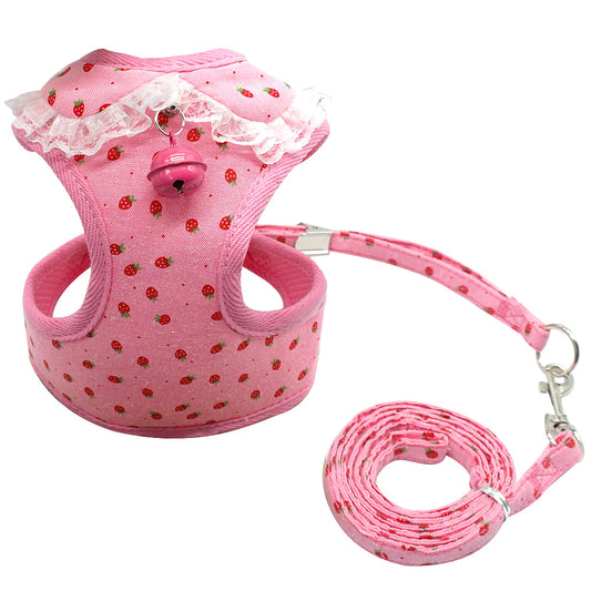 KFX-4728637 Pink Bell Dog Harness and Leash for Small Dogs, Adjustable Canvas and Polyester Mesh, Various Sizes Available