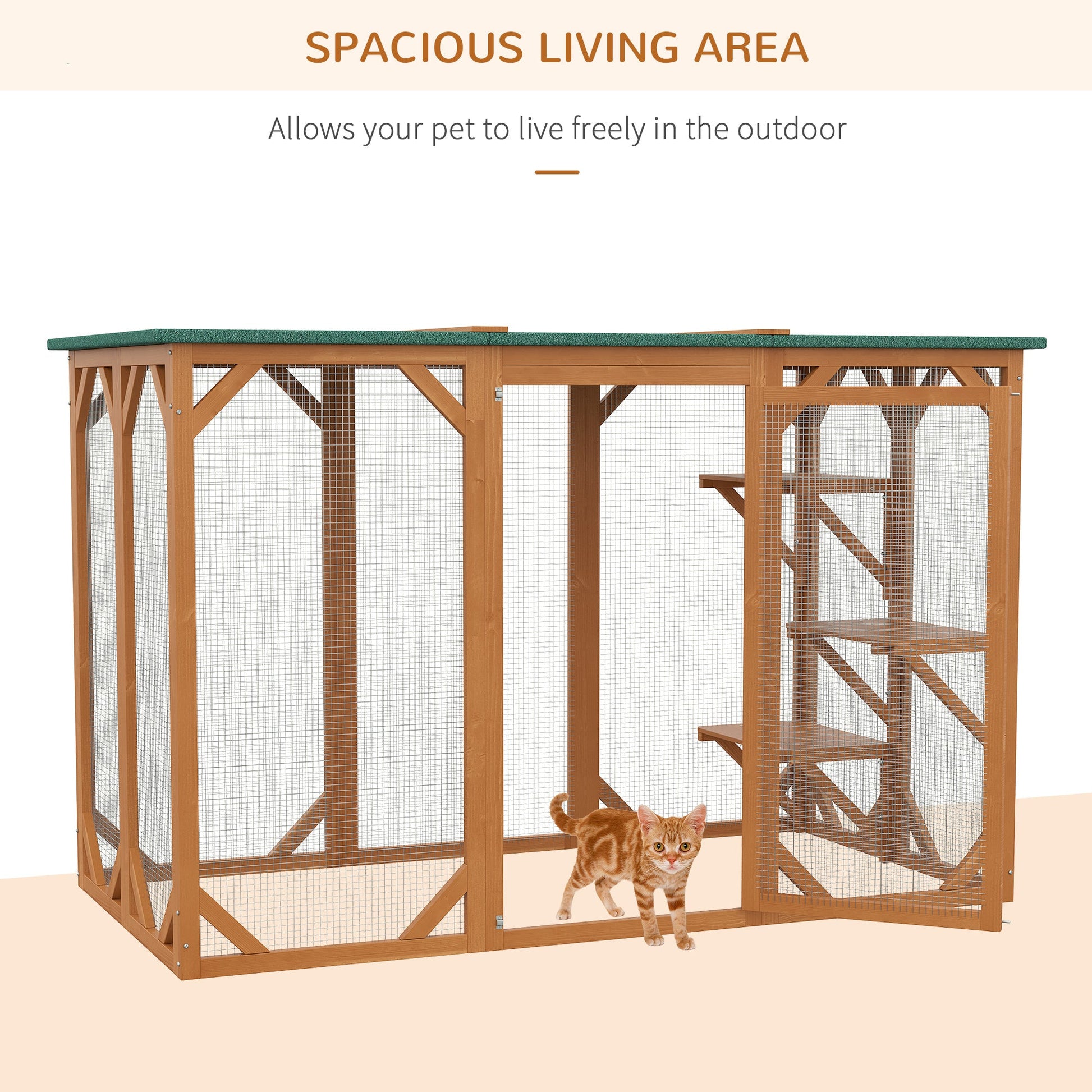 KFX-4729405 Large Wooden Outdoor Cat House with Platforms and Weatherproof Roof, Ideal Cat Enclosure for 1-2 Cats, Orange
