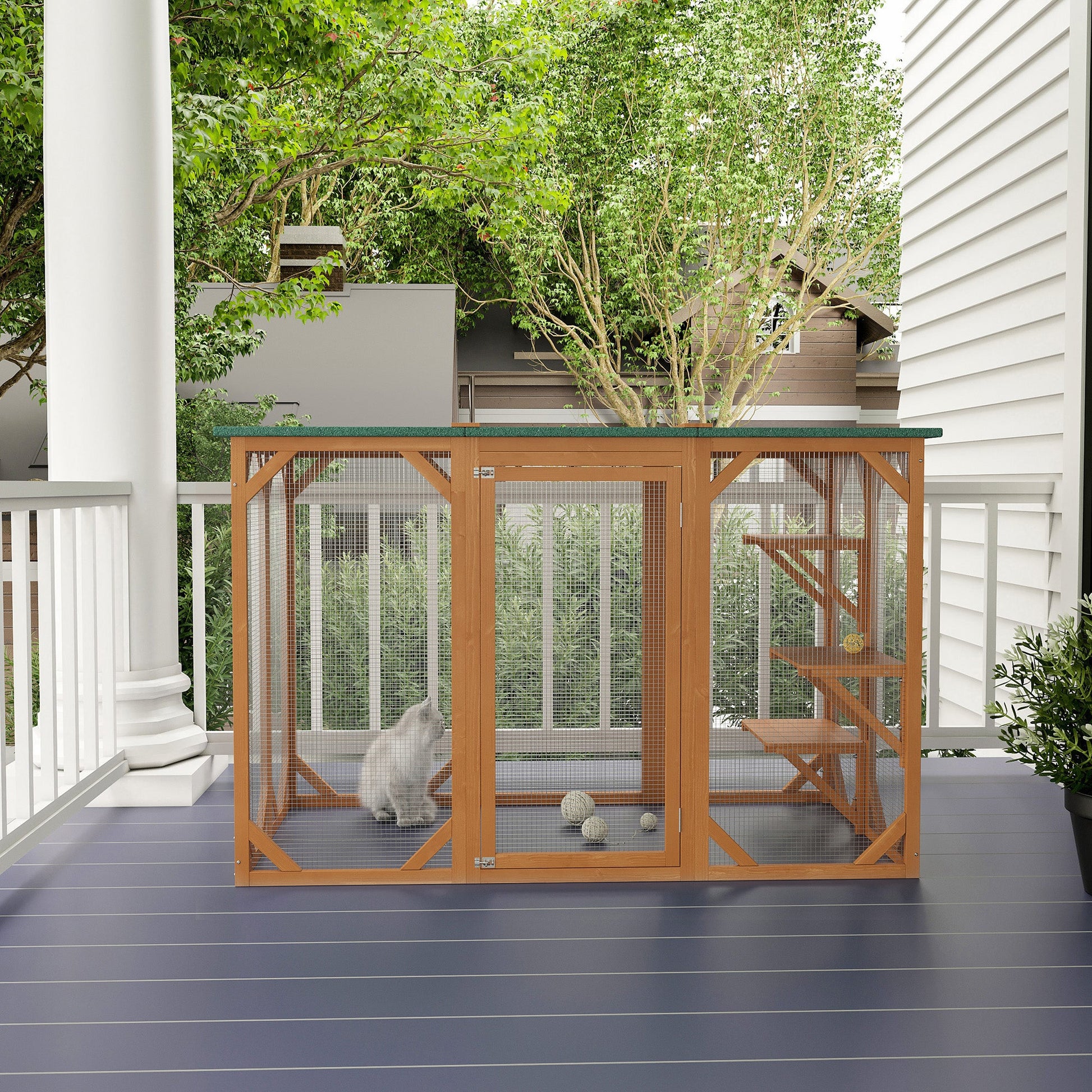 KFX-4729405 Large Wooden Outdoor Cat House with Platforms and Weatherproof Roof, Ideal Cat Enclosure for 1-2 Cats, Orange