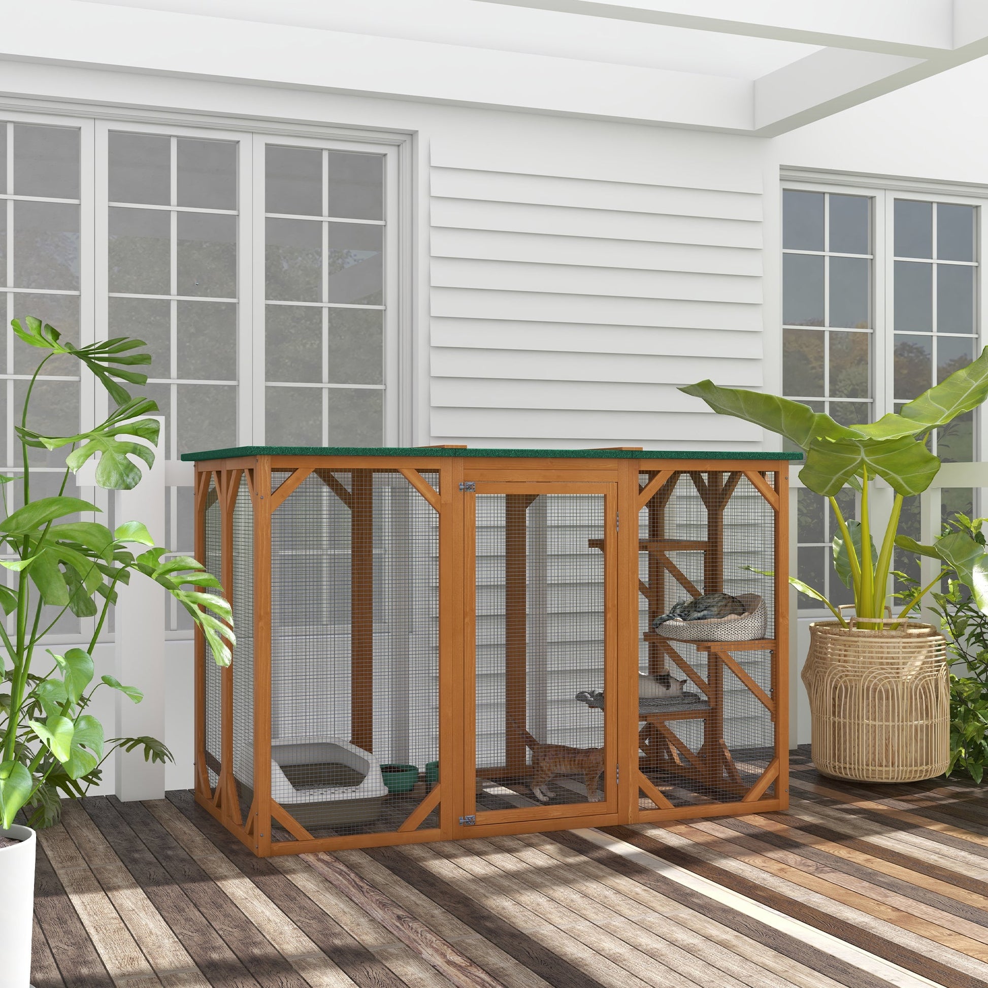 KFX-4729405 Large Wooden Outdoor Cat House with Platforms and Weatherproof Roof, Ideal Cat Enclosure for 1-2 Cats, Orange