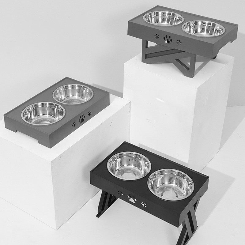 KFX-4729533 Adjustable Stainless Steel Dog Bowl for Feeding and Watering, Plastic Base, Black and Gray
