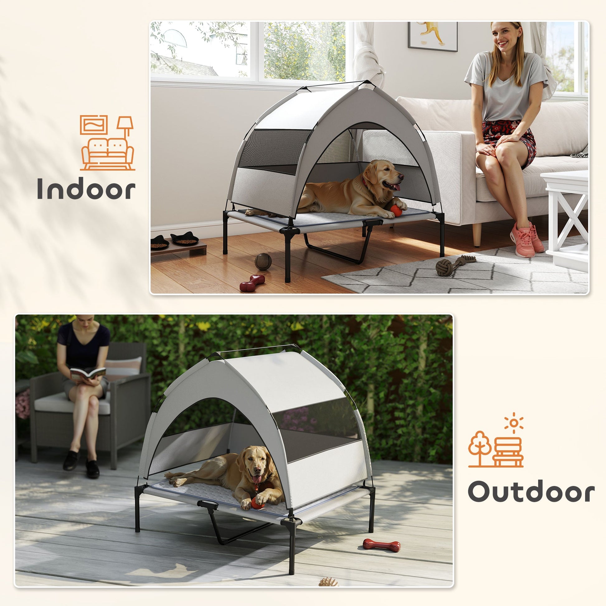 KFX-4733757 Elevated Outdoor Dog Bed with Removable Canopy and Cooling Pad