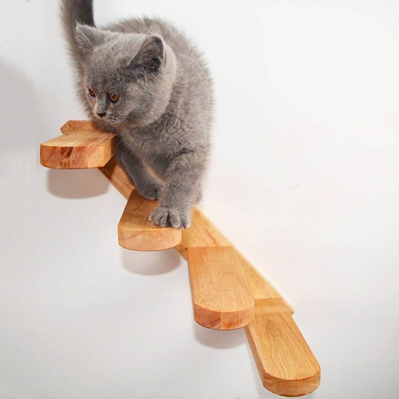 KFX-4739261 Wall-Mounted Cat Climbing Stairs - Solid Wood Jumping Platform for Active Cats