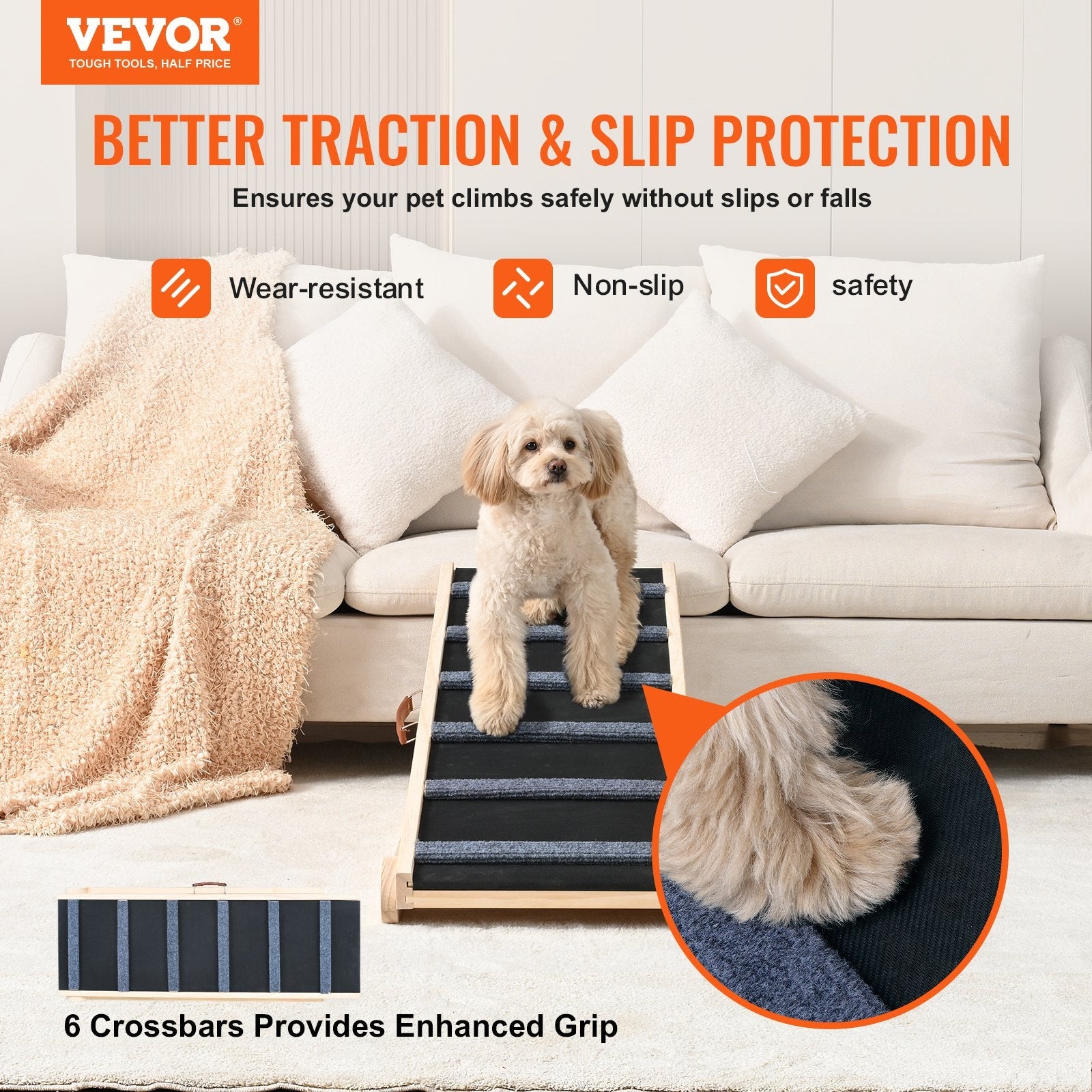 KFX-4744125 Folding Adjustable Wooden Dog Ramp for Beds and Cars, Non-Slip Surface, Suitable for Small and Large Pets