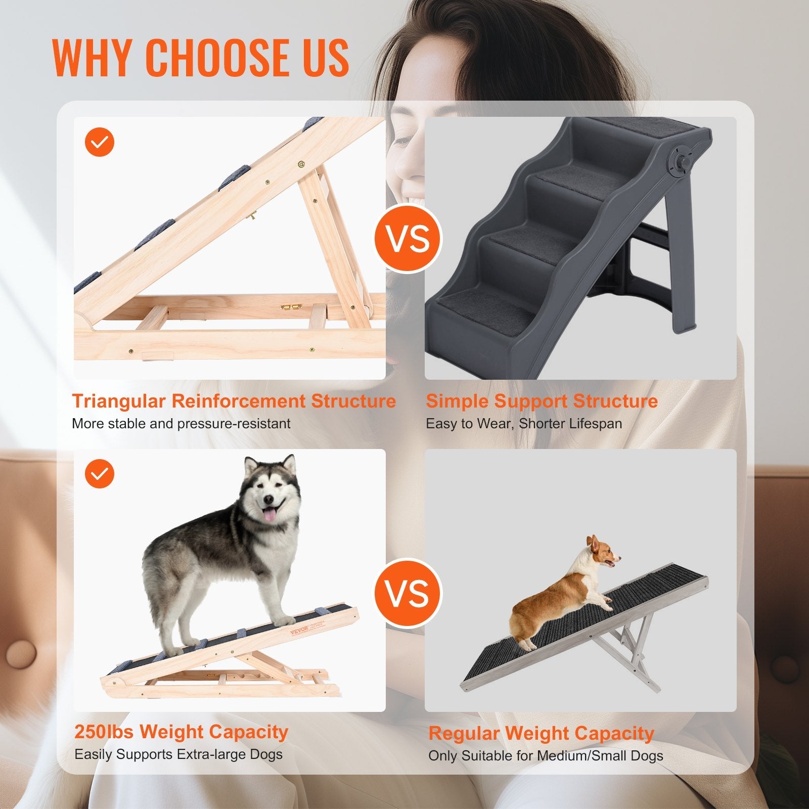 KFX-4744125 Folding Adjustable Wooden Dog Ramp for Beds and Cars, Non-Slip Surface, Suitable for Small and Large Pets