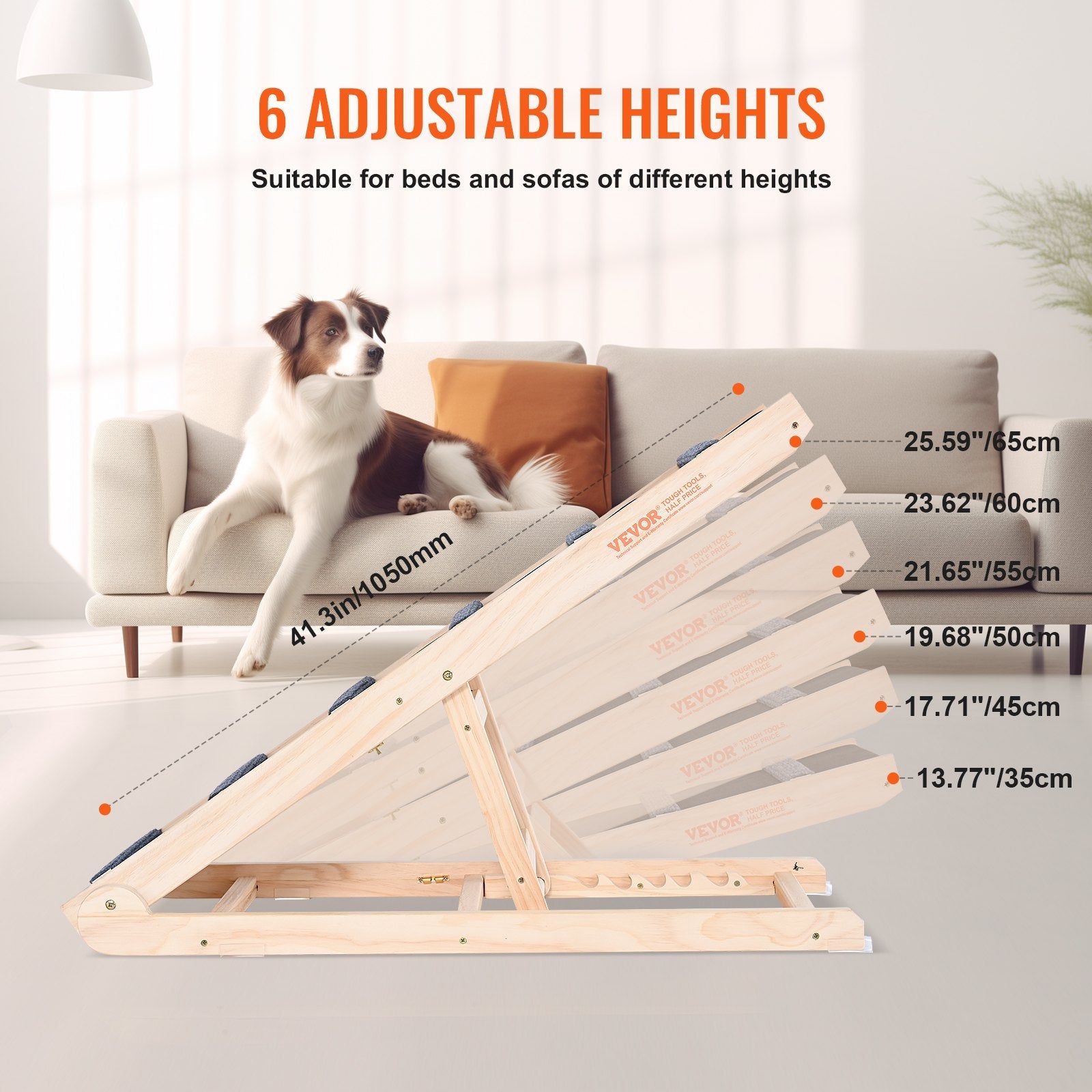 KFX-4744125 Folding Adjustable Wooden Dog Ramp for Beds and Cars, Non-Slip Surface, Suitable for Small and Large Pets