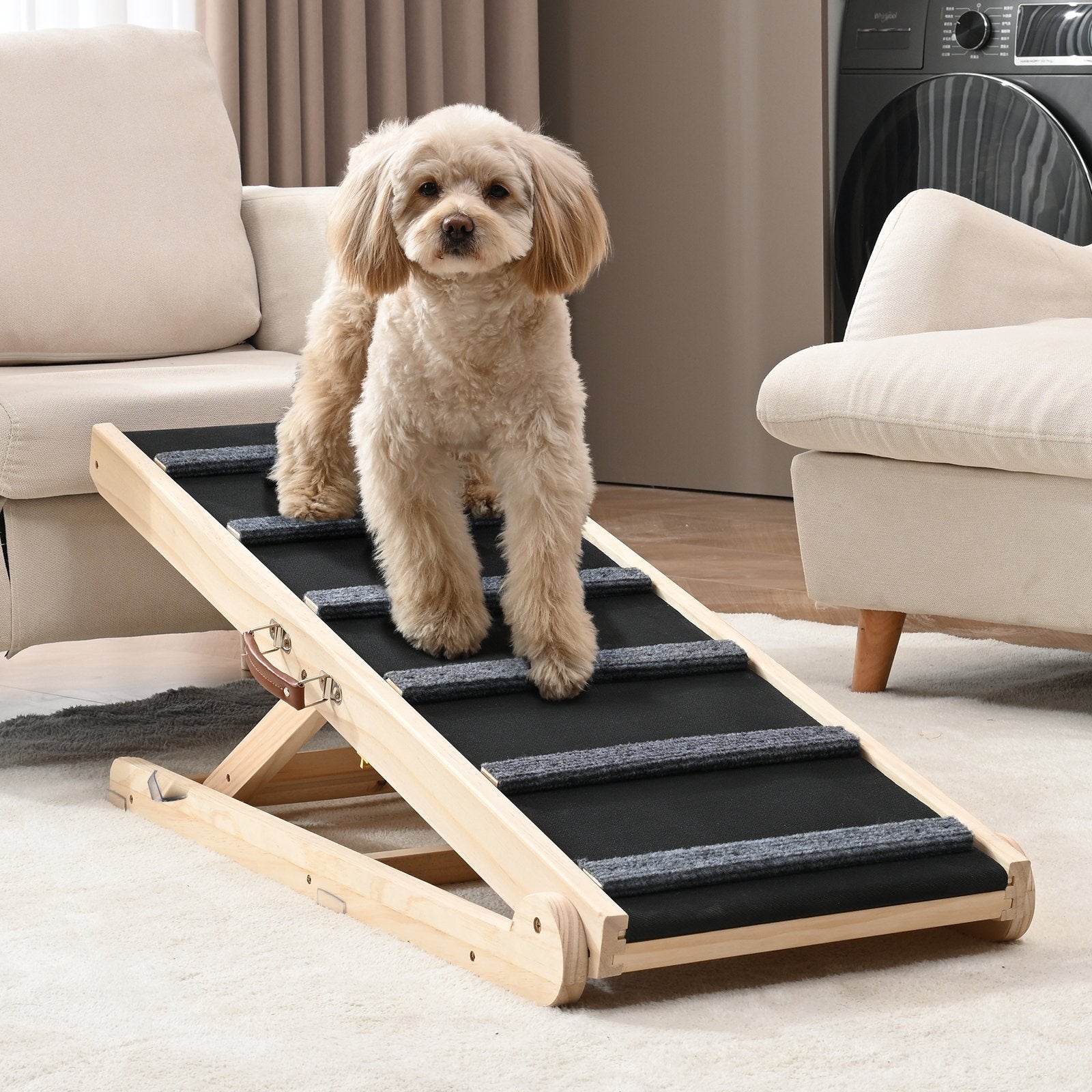 KFX-4744125 Folding Adjustable Wooden Dog Ramp for Beds and Cars, Non-Slip Surface, Suitable for Small and Large Pets