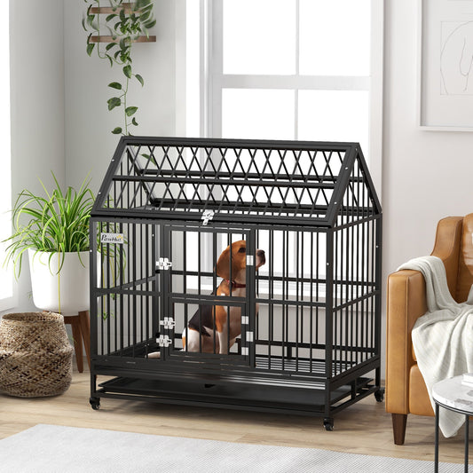 KFX-4744509 Heavy Duty 48" Dog Crate with Double Doors, Lockable Wheels, and Removable Tray for Large Dogs