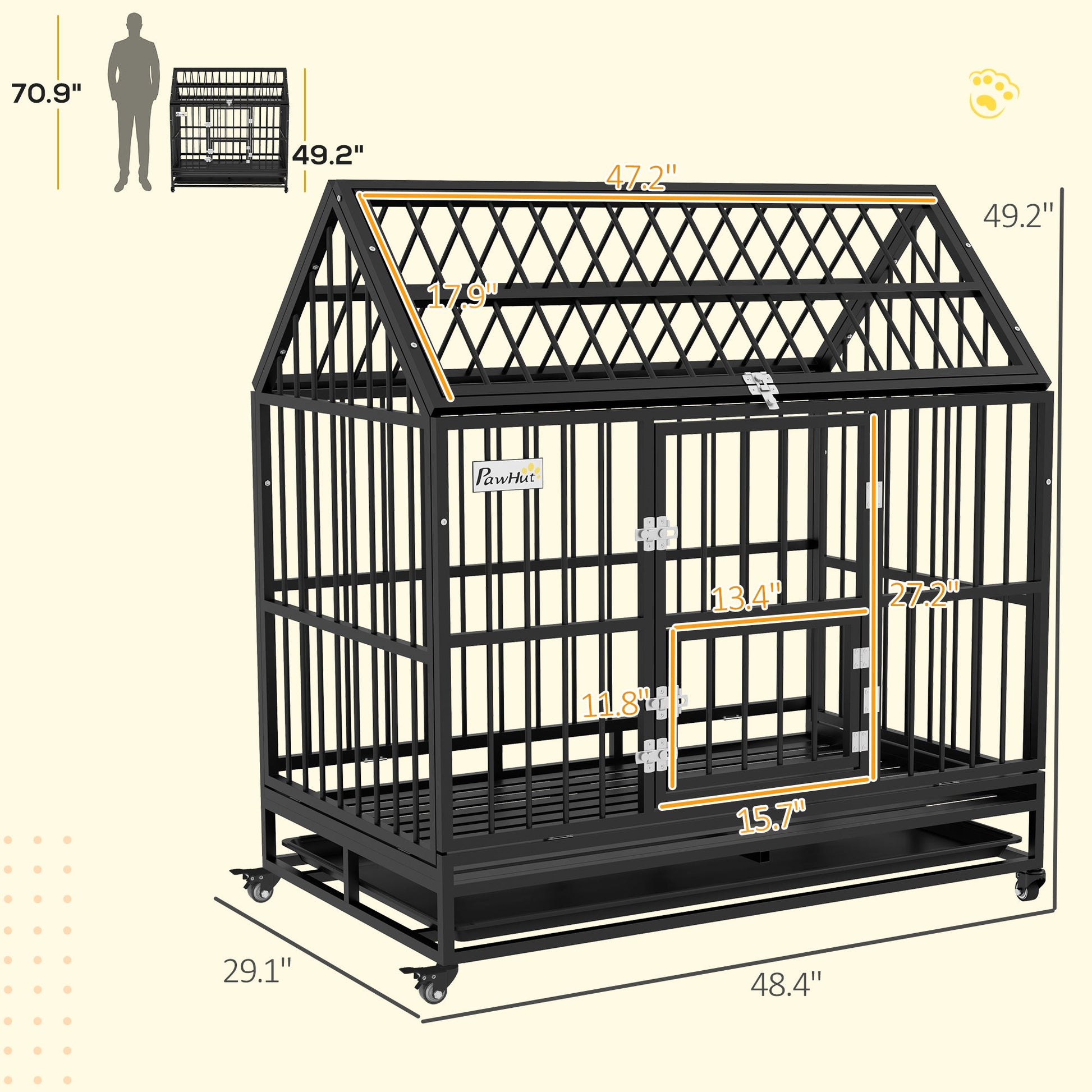 KFX-4744509 Heavy Duty 48" Dog Crate with Double Doors, Lockable Wheels, and Removable Tray for Large Dogs