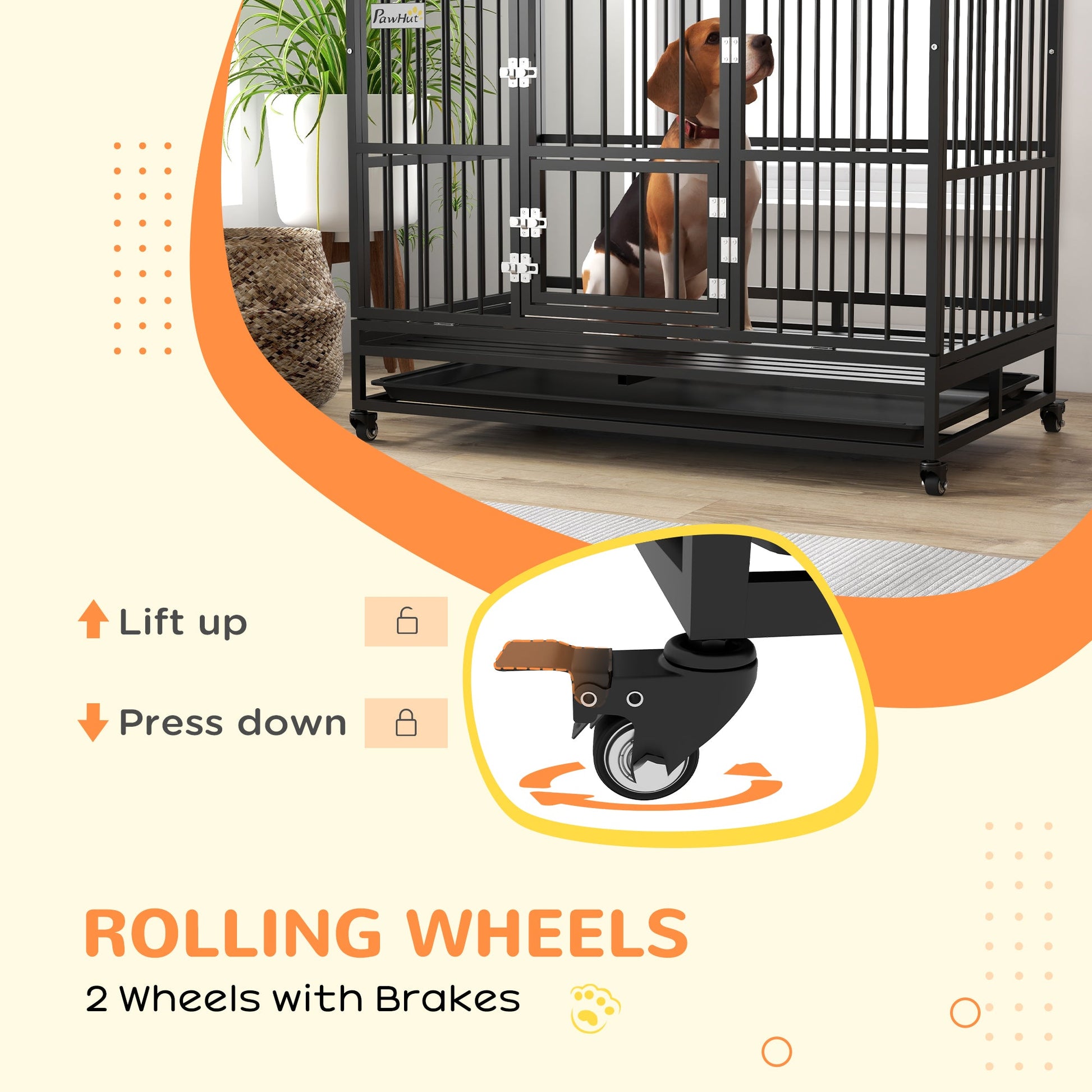 KFX-4744509 Heavy Duty 48" Dog Crate with Double Doors, Lockable Wheels, and Removable Tray for Large Dogs