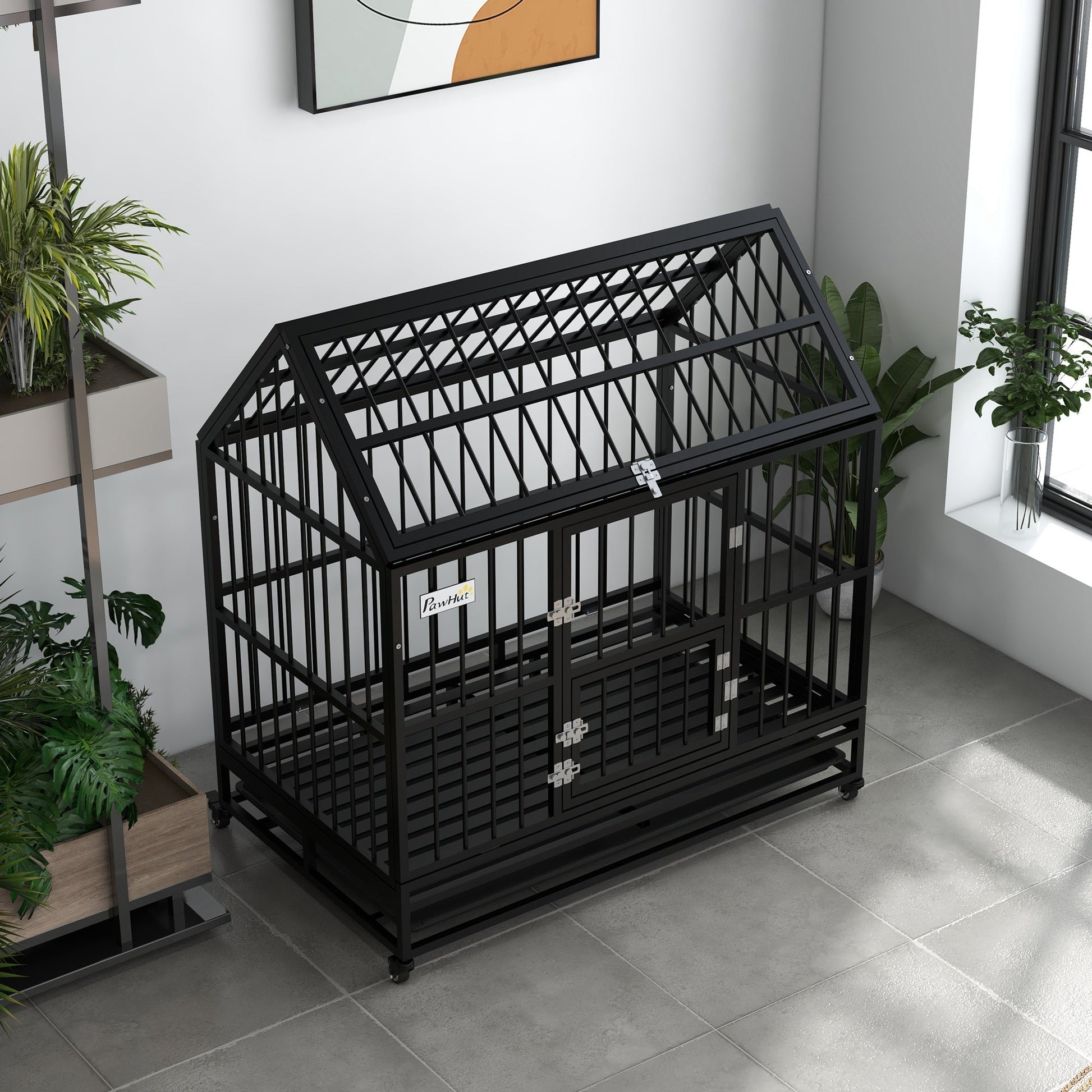 KFX-4744509 Heavy Duty 48" Dog Crate with Double Doors, Lockable Wheels, and Removable Tray for Large Dogs