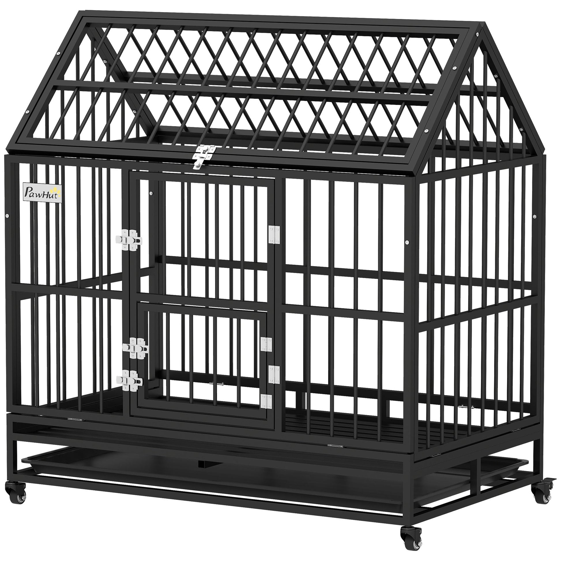 KFX-4744509 Heavy Duty 48" Dog Crate with Double Doors, Lockable Wheels, and Removable Tray for Large Dogs