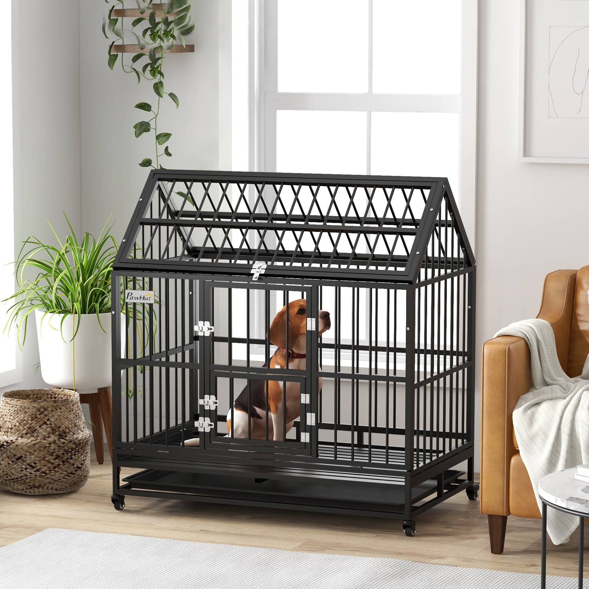 KFX-4744509 Heavy Duty 48" Dog Crate with Double Doors, Lockable Wheels, and Removable Tray for Large Dogs