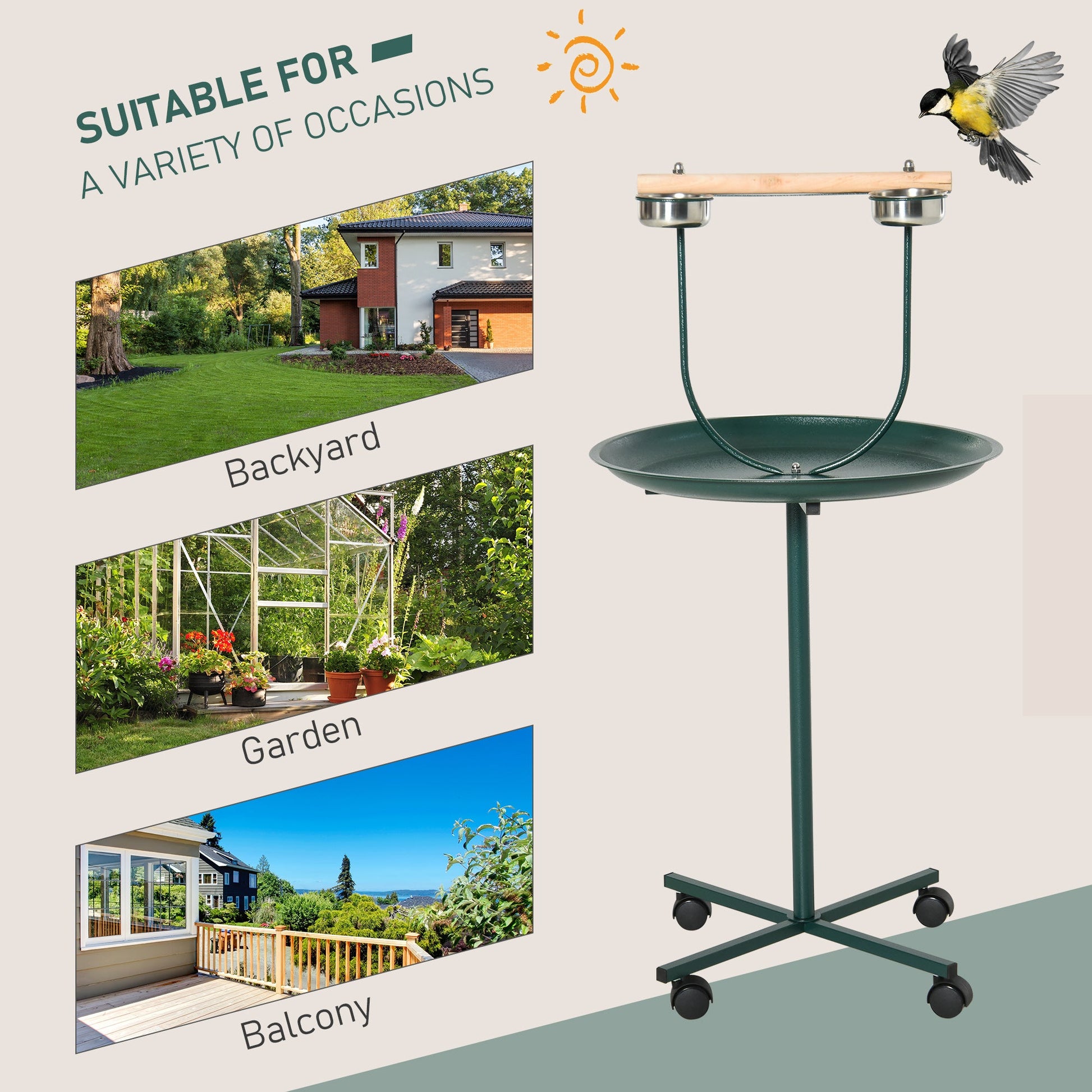 KFX-4748477 48" Rolling Bird Training Activity Playground with Perch and Stainless Steel Bowls