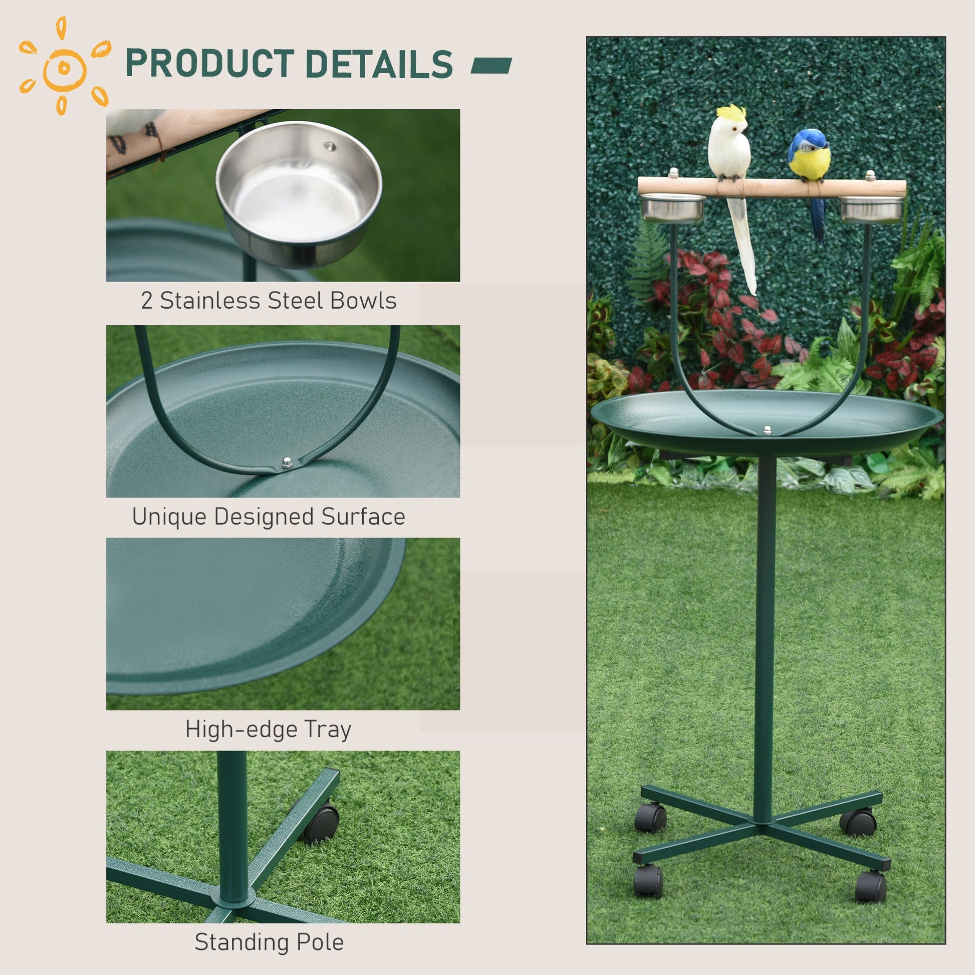 KFX-4748477 48" Rolling Bird Training Activity Playground with Perch and Stainless Steel Bowls