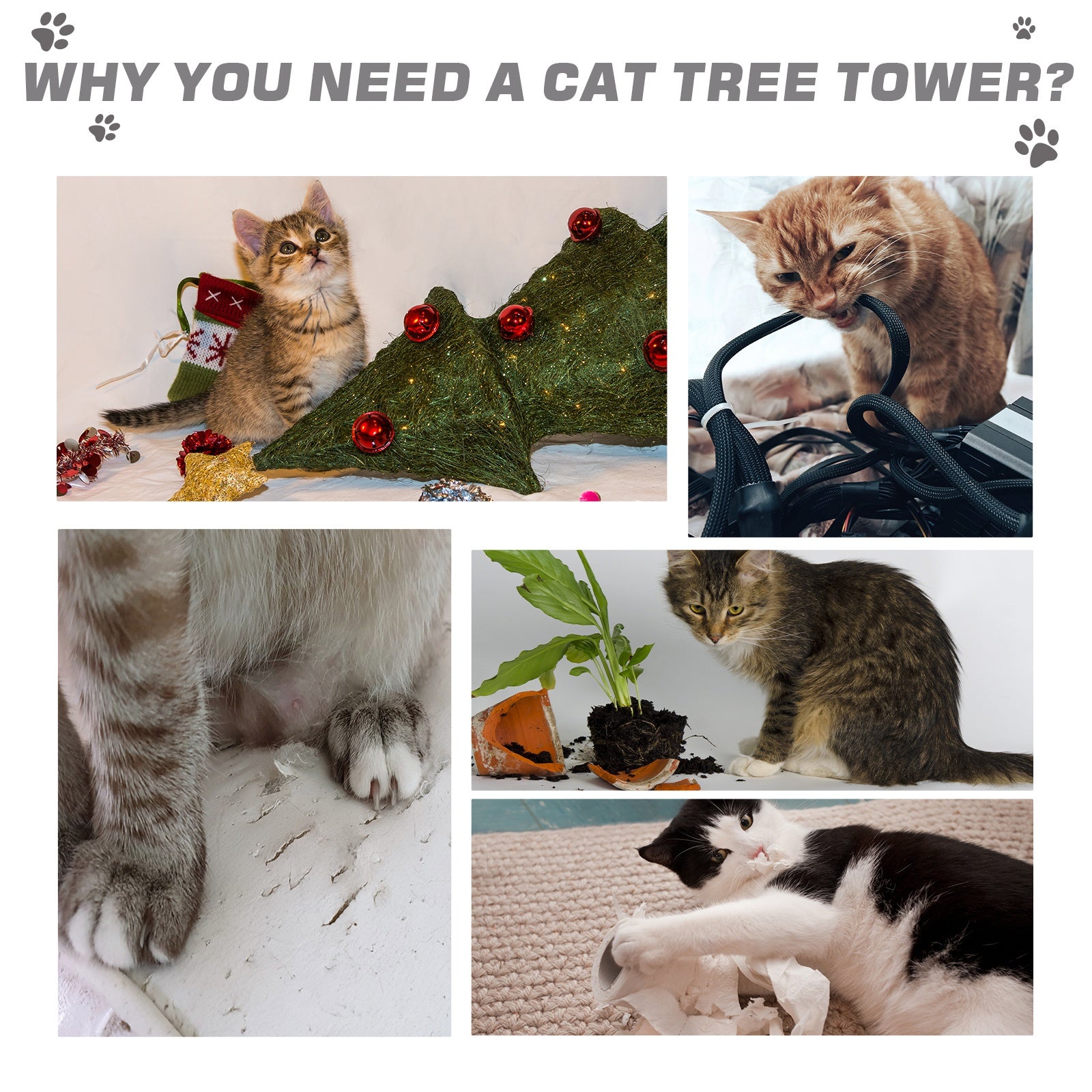 KFX-4749885 5-Level Cat Tree Tower with Scratching Post, Climbing Perches and Resting Space - Gray