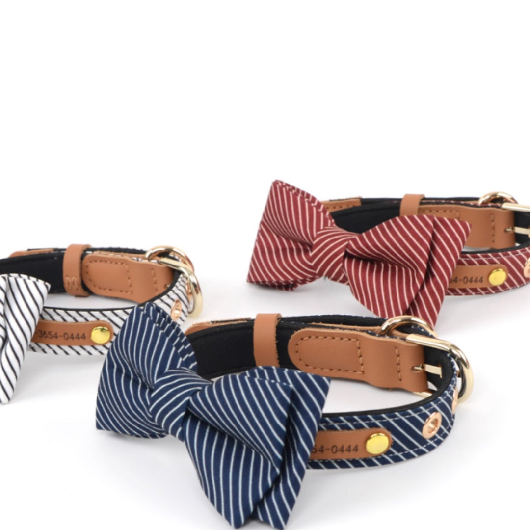 KFX-4754365 Detachable Bow Dog Collar in White, Wine Red, and Dark Blue - Personalized Options Available