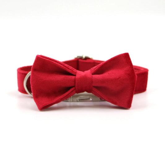 KFX-4756157 Red Thick Velvet Pet Collar and Leash Set with Gold Buckle and Bow Tie for Christmas